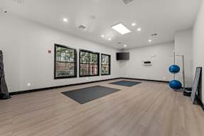 A room with wooden flooring and a large blue exercise ball.
