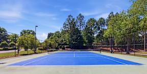 A tennis court surrounded by trees and a fence.