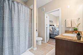 A bathroom with a shower curtain, toilet, sink, and mirror.