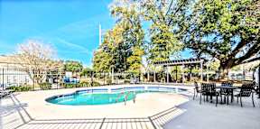 A pool surrounded by trees and a fence.