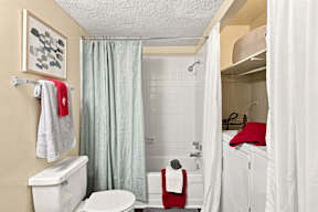 A bathroom with a toilet, a shower curtain, and a red towel.