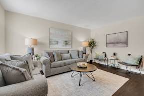 A living room with a grey couch, a coffee table, and a painting on the wall.