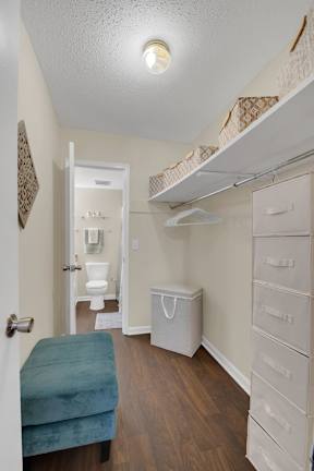 A small room with a toilet and a bench.
