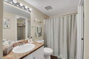 A bathroom with a white toilet, sink, and shower curtain.