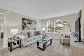 A living room with a couch, two end tables, and a television.