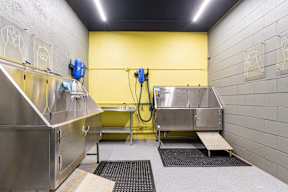 the utility room has two stainless steel sinks and two urinals