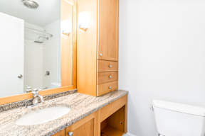 A bathroom with a sink, mirror, and toilet.