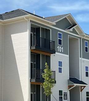 Apartment building with balconies and a tree in front.