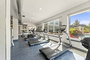A gym with treadmills and a view of the outside at The Preserve at Preston Trails Apartments, Cedar Hill, TX