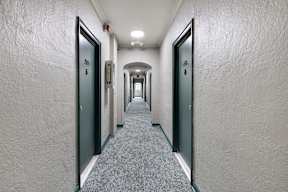 A long hallway with apartments on both sides available for rent, at Marleigh apartments located in Indianapolis, IN