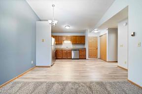 A kitchen area with wooden cabinets and a grey rug on the floor.