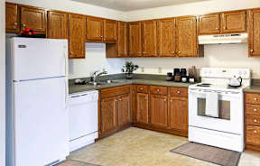 A kitchen with white appliances and wooden cabinets.