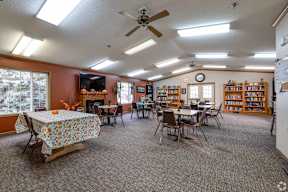 A room with a carpeted floor, a ceiling fan, and a bookshelf filled with books.