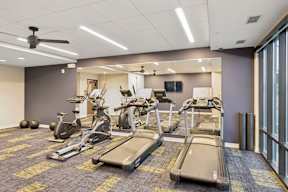 Wangstad Commons, Brooklyn Center,  A gym with treadmills, elliptical machines, and exercise balls.