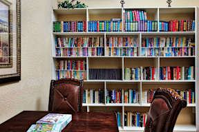 A bookshelf filled with colorful books sits next to a brown leather chair.