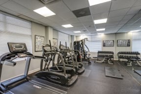 a gym with cardio equipment and weights on the floor
