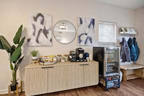 A room with a wooden cabinet, a potted plant, and a fridge.