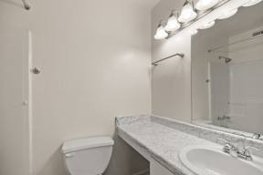 A bathroom with a toilet, sink, and mirror.