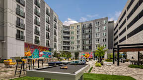 A pool table is in the middle of a grassy area surrounded by buildings at Mosaic Summit Pointe in Chesapeake, 23320