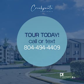 A promotional image for Creekpointe Apartments advertising a tour with a contact number.