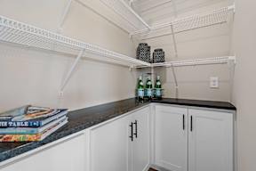 A kitchen pantry with white shelves and a black countertop.