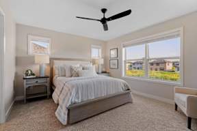 A bedroom with a large bed, a ceiling fan, and a view of the outdoors through the window.