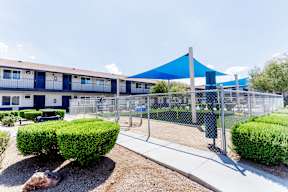 A blue tent is set up in front of a white building with a fence around it.