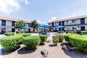 A courtyard with blue umbrellas and bushes in front of apartment buildings.