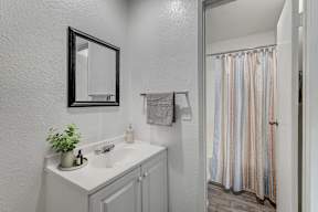 A bathroom with a sink, mirror, and shower.