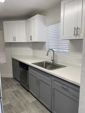 A kitchen with a sink and cabinets.