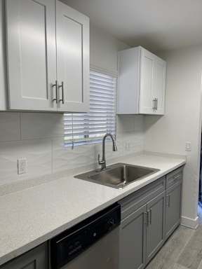 A kitchen with white cabinets and a black dishwasher.