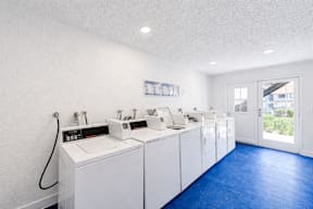 A row of white sinks in a clean, white bathroom.