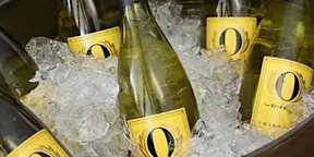 A bottle of champagne with a yellow label is surrounded by ice.