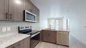 A kitchen with a microwave above the stove and a dishwasher to the side v