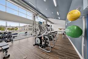 A gym with a row of treadmills and exercise balls hanging from the ceiling.