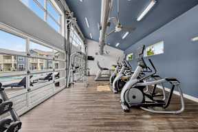 A gym with treadmills, elliptical machines, and a fan.