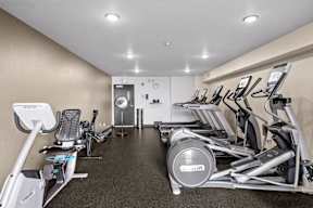 A gym with treadmills, elliptical machines, and a weight machine.