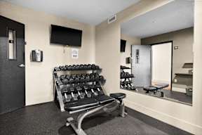 A gym room with a bench, weights, and a mirror.