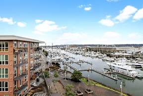 A marina with boats docked is visible from a high-rise building.