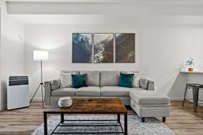 A modern living room with a grey sofa, a wooden coffee table, and a white wall.