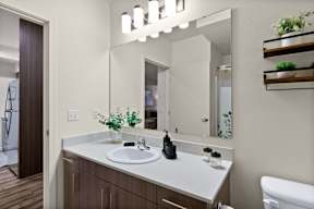 A bathroom with a white countertop and a large mirror above it.