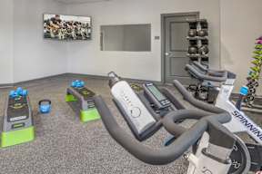A Spinning bike is in a room with other exercise equipment.