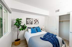 A bedroom with a bed, a potted plant, and two pictures on the wall.