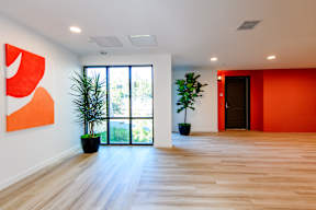 A brightly lit hallway with a red wall and a plant in a black pot.