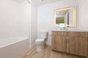 A white toilet sits next to a white bathtub in a bathroom with wooden floors and a mirror above a medicine cabinet.