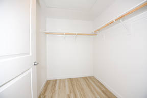 A white closet with a door and a shelf.