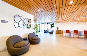 A room with a white wall and a wooden ceiling with two brown chairs.