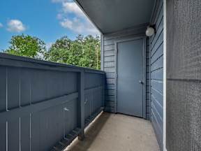 A blue door is on the right side of the image.