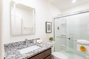A bathroom with a marble countertop and a glass shower.