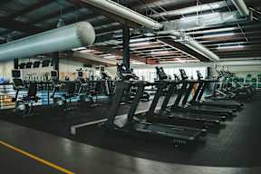 A gym with treadmills and elliptical machines.
